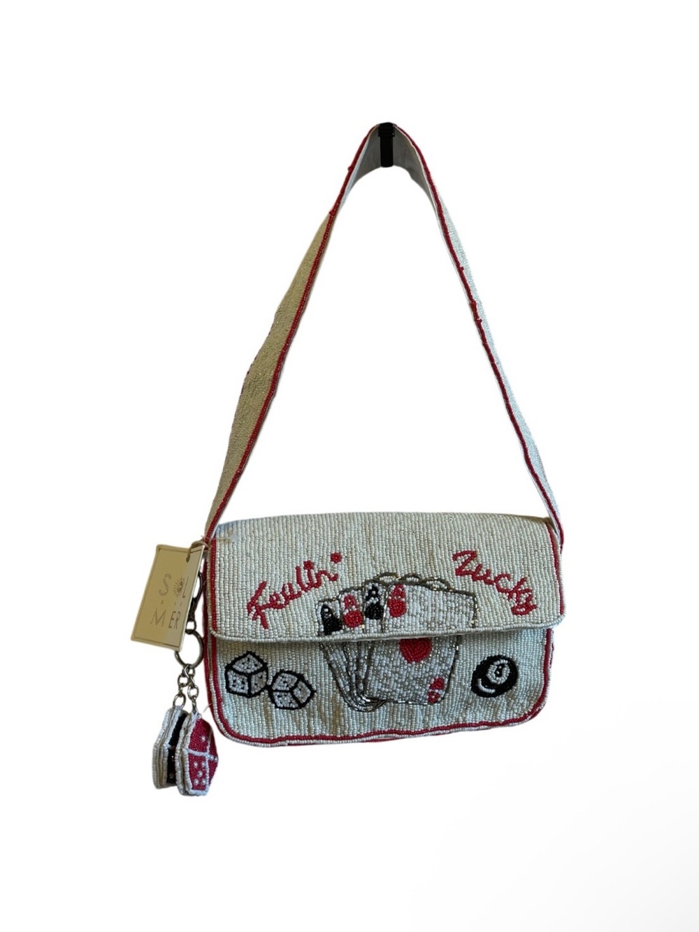 Sol & Mer White Beaded Lucky Dice & Cards Shoulder Bag - NWT **